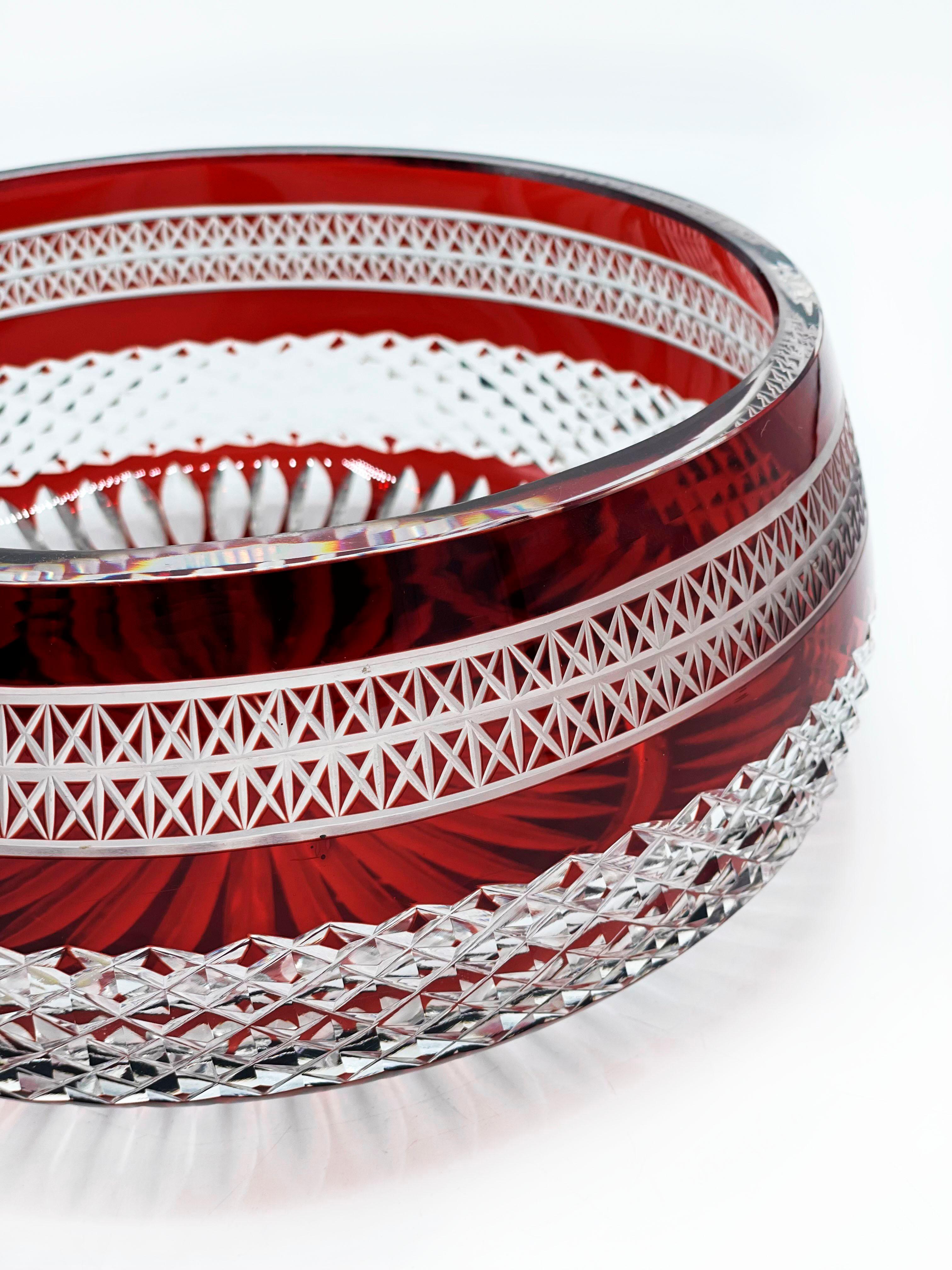 Czech Ruby cut glass carved crystal bowl circa 1960s  For Sale