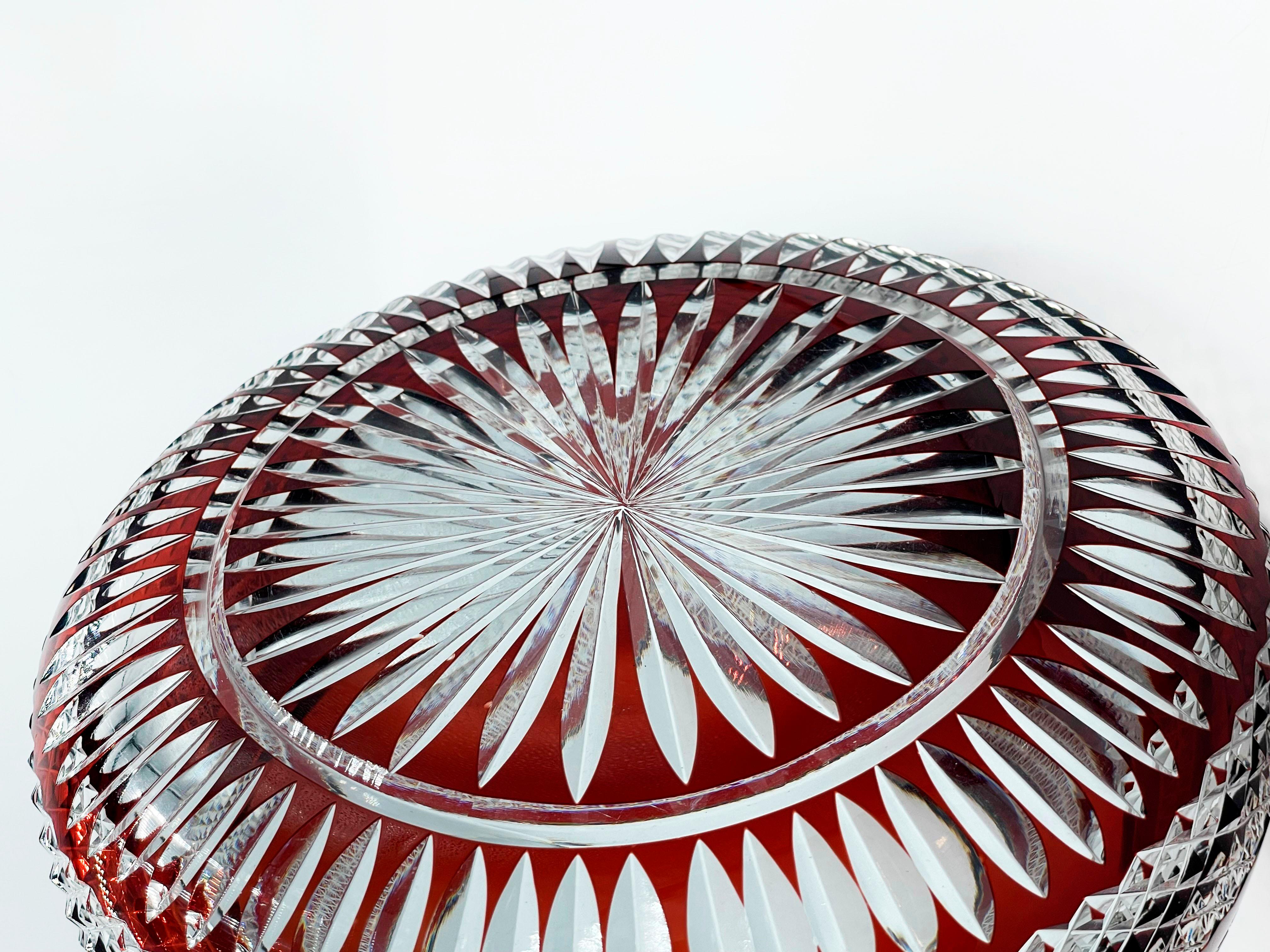 Carved Ruby cut glass carved crystal bowl circa 1960s  For Sale