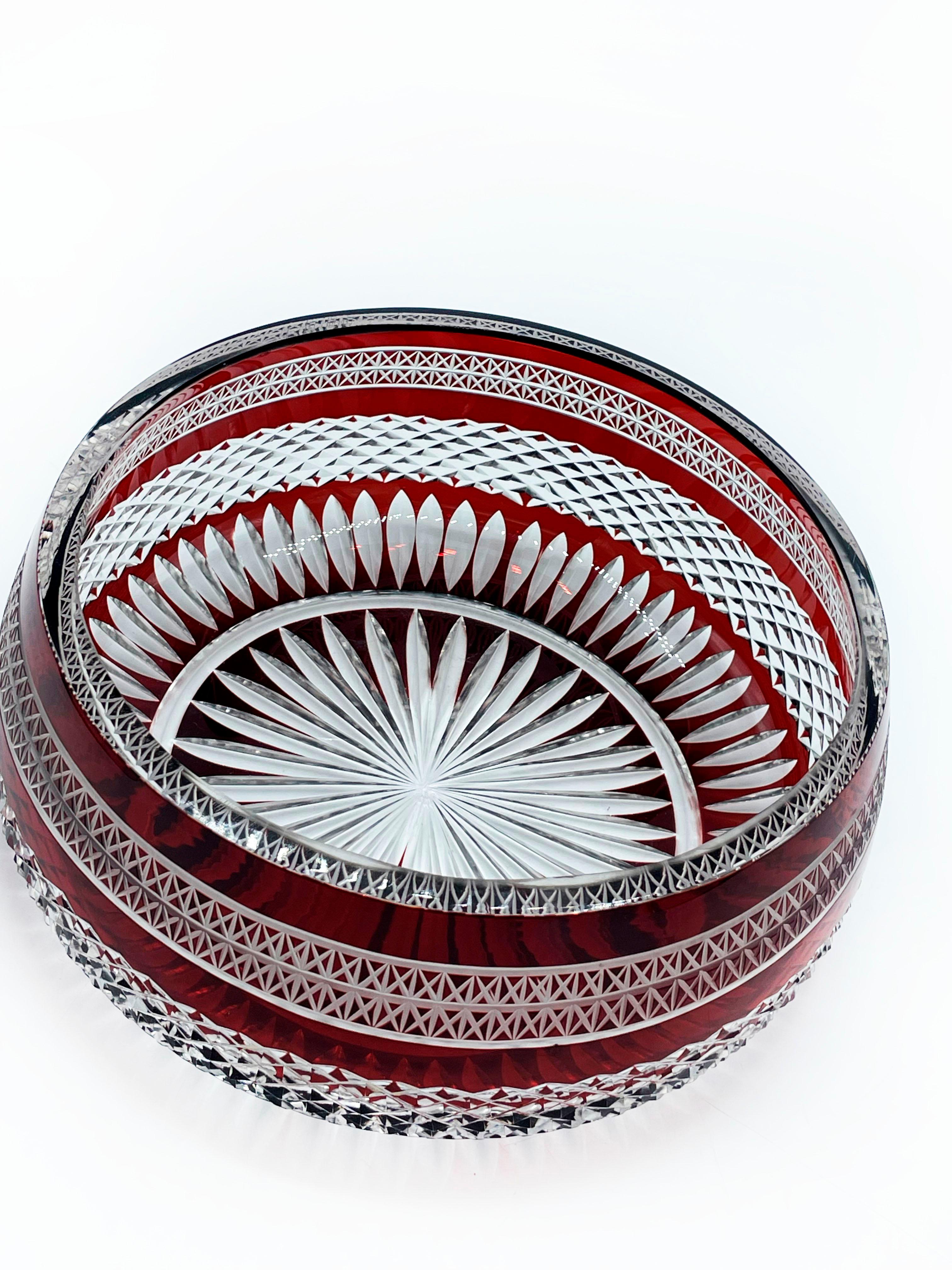 Mid-20th Century Ruby cut glass carved crystal bowl circa 1960s  For Sale