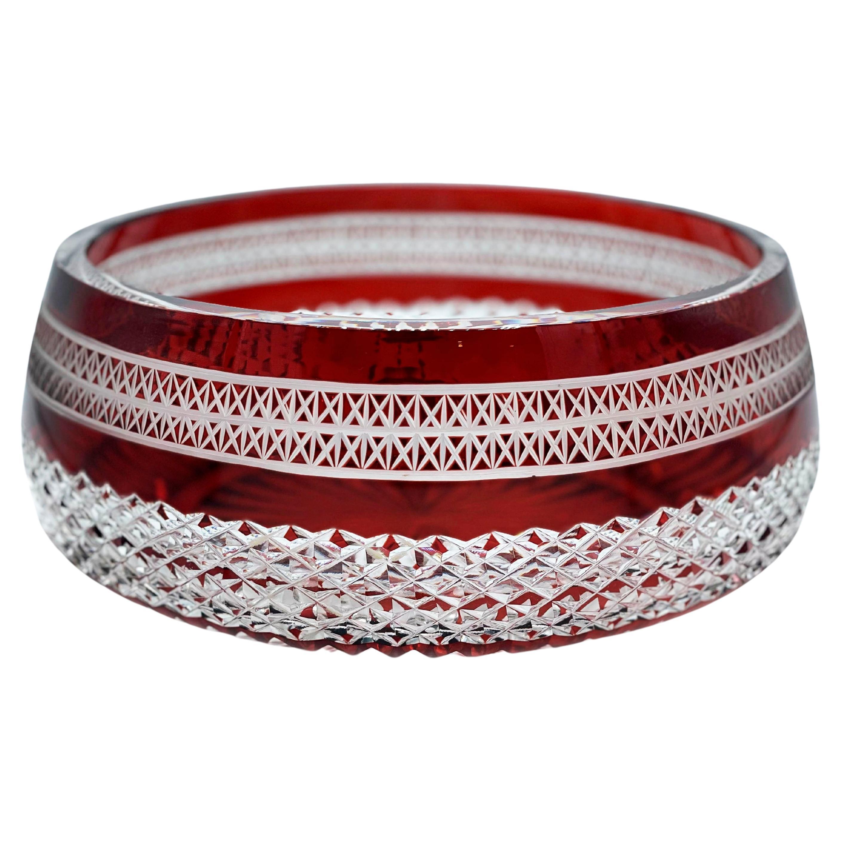Ruby cut glass carved crystal bowl circa 1960s  For Sale