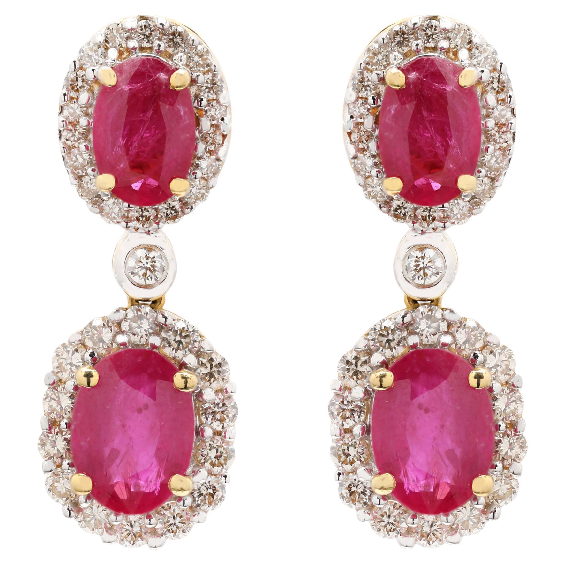 Ruby Dangle Drop Earrings with Diamonds Set in 18k Yellow Gold Wedding Earrings For Sale