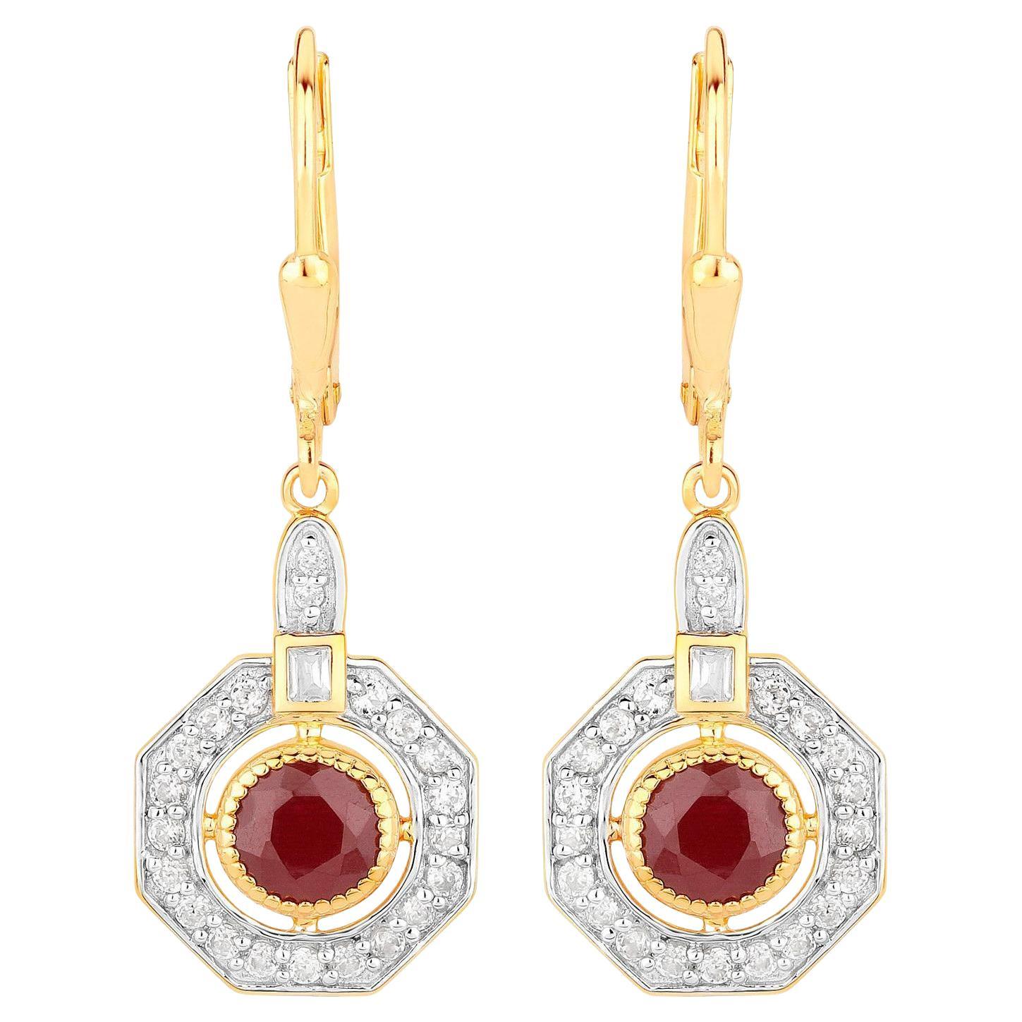 Ruby Dangle Earrings 1.7 Carats 18K Yellow Gold Plated Silver