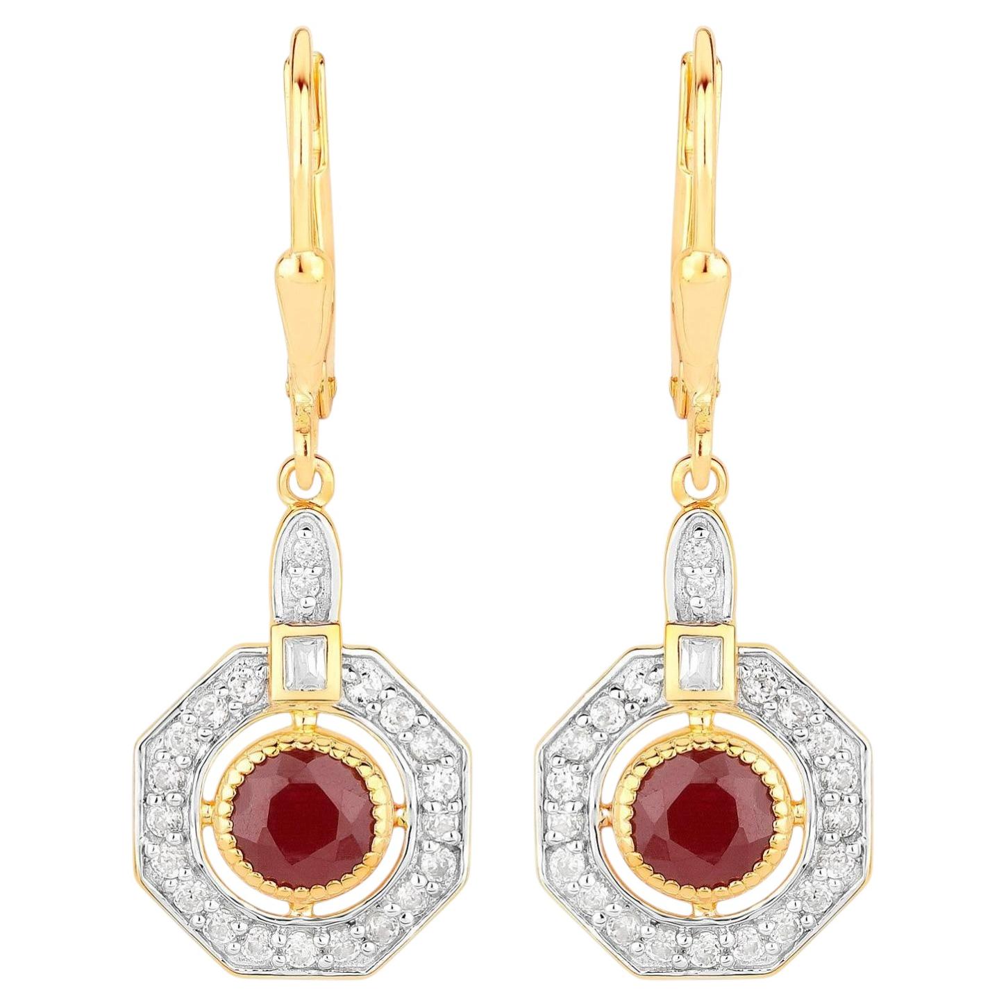 Ruby Dangle Earrings 1.7 Carats 18K Yellow Gold Plated Silver