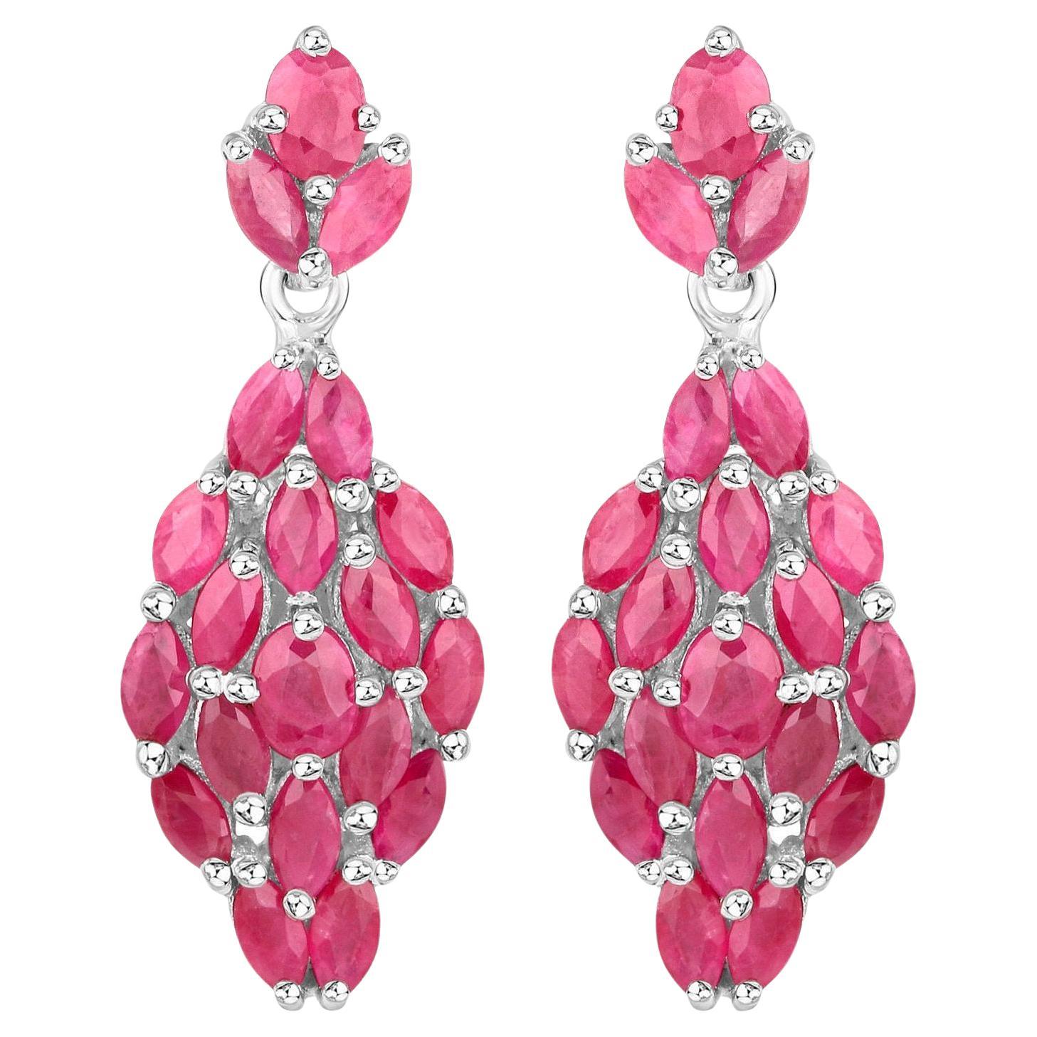 Ruby Dangle Earrings 4.1 Carats Rhodium Plated Silver