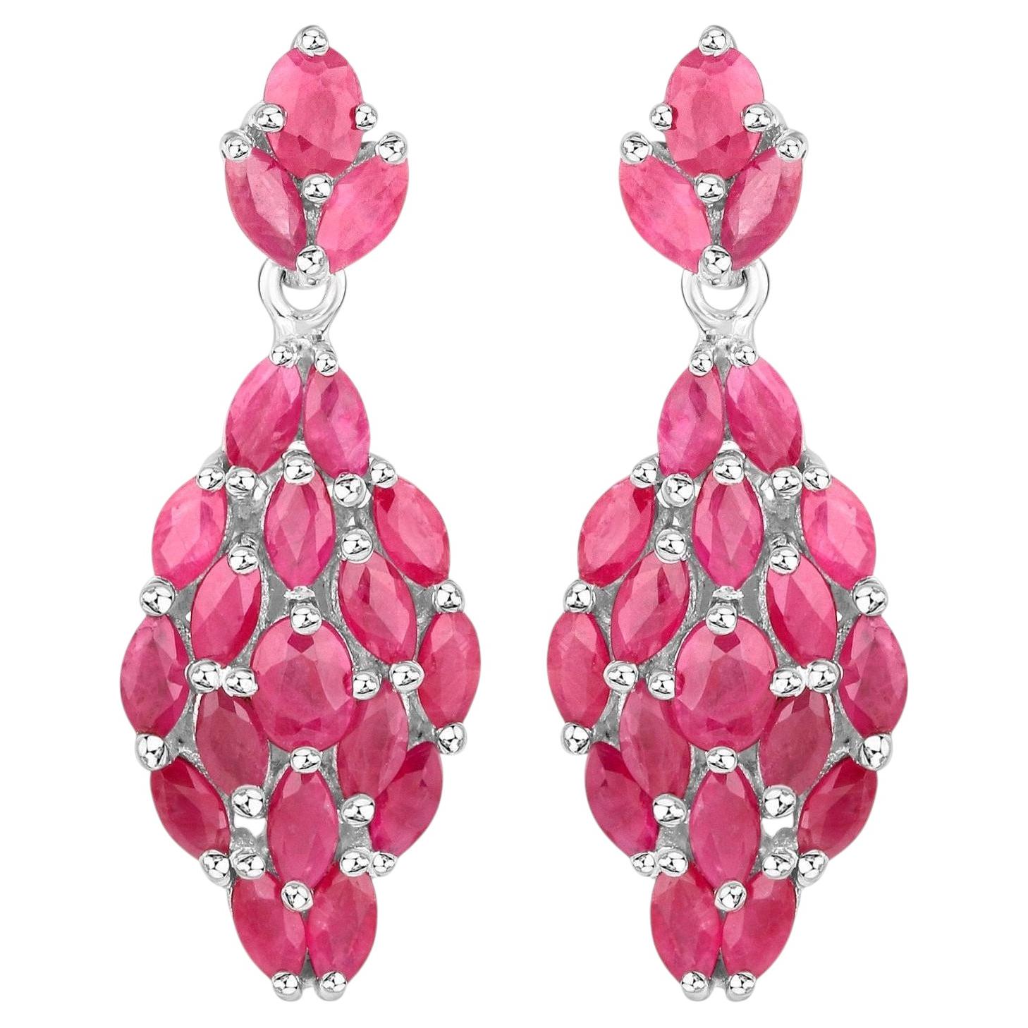 Ruby Dangle Earrings 4.1 Carats Rhodium Plated Silver For Sale