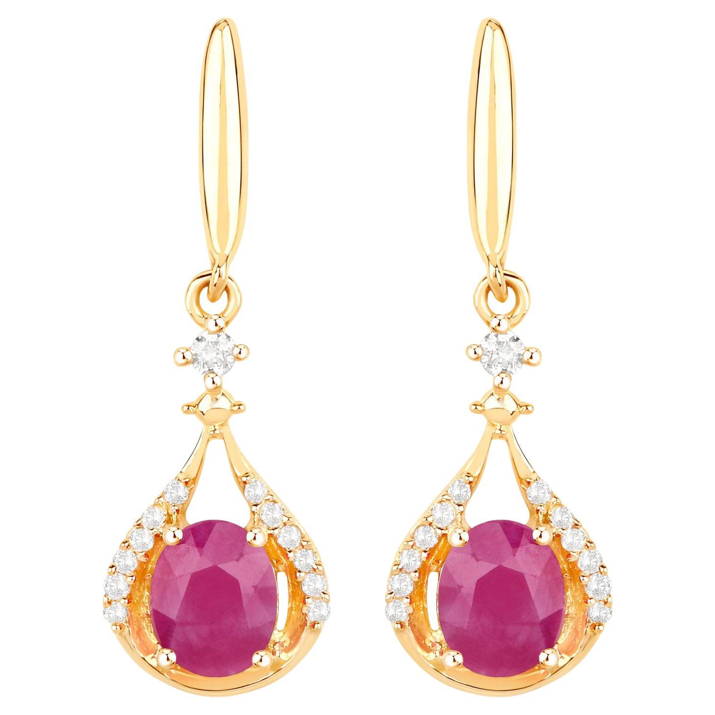 Ruby Dangle Earrings Diamonds 14K Yellow Gold