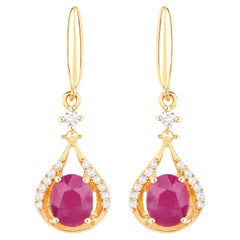 Ruby Dangle Earrings Diamonds 14K Yellow Gold