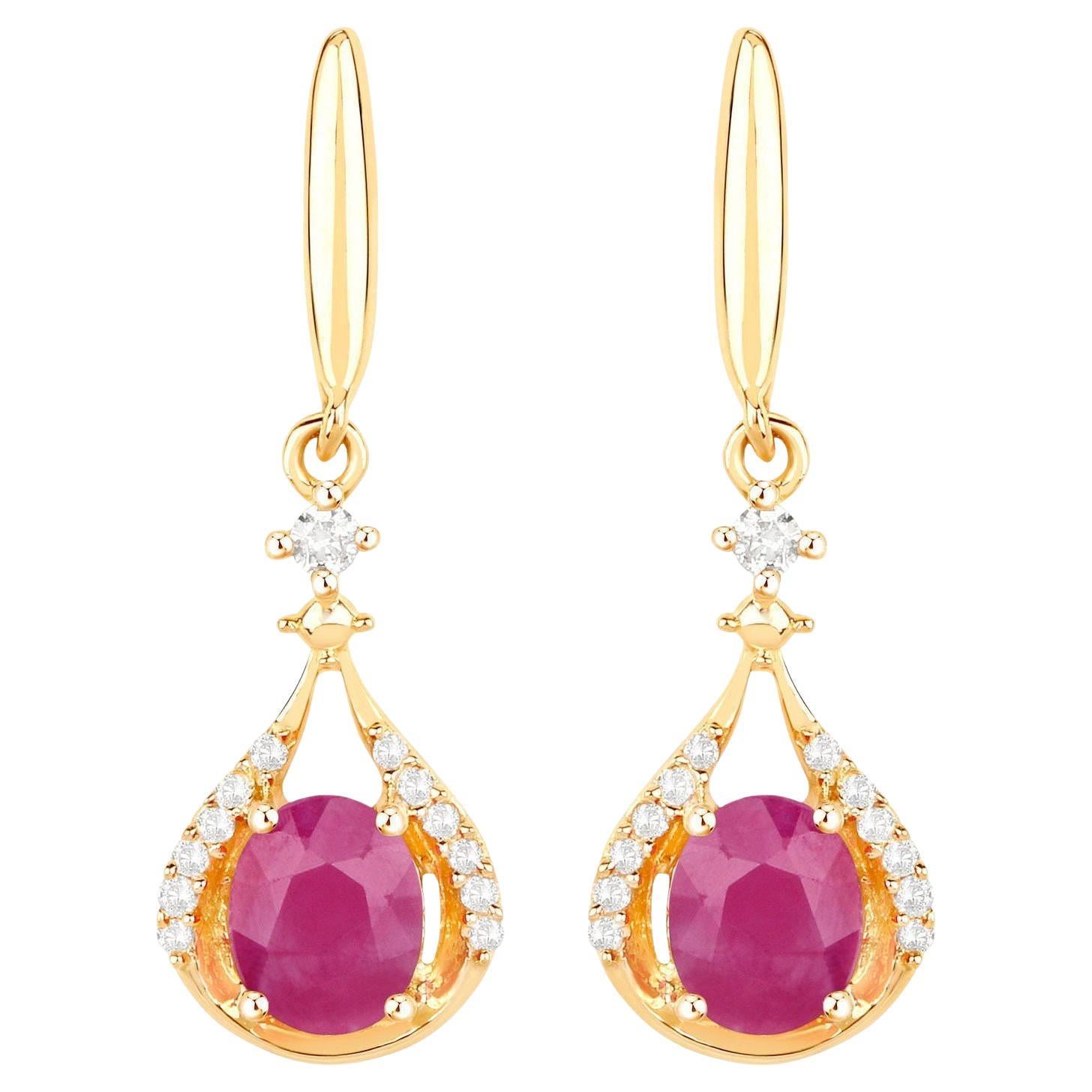 Ruby Dangle Earrings Diamonds 14K Yellow Gold For Sale