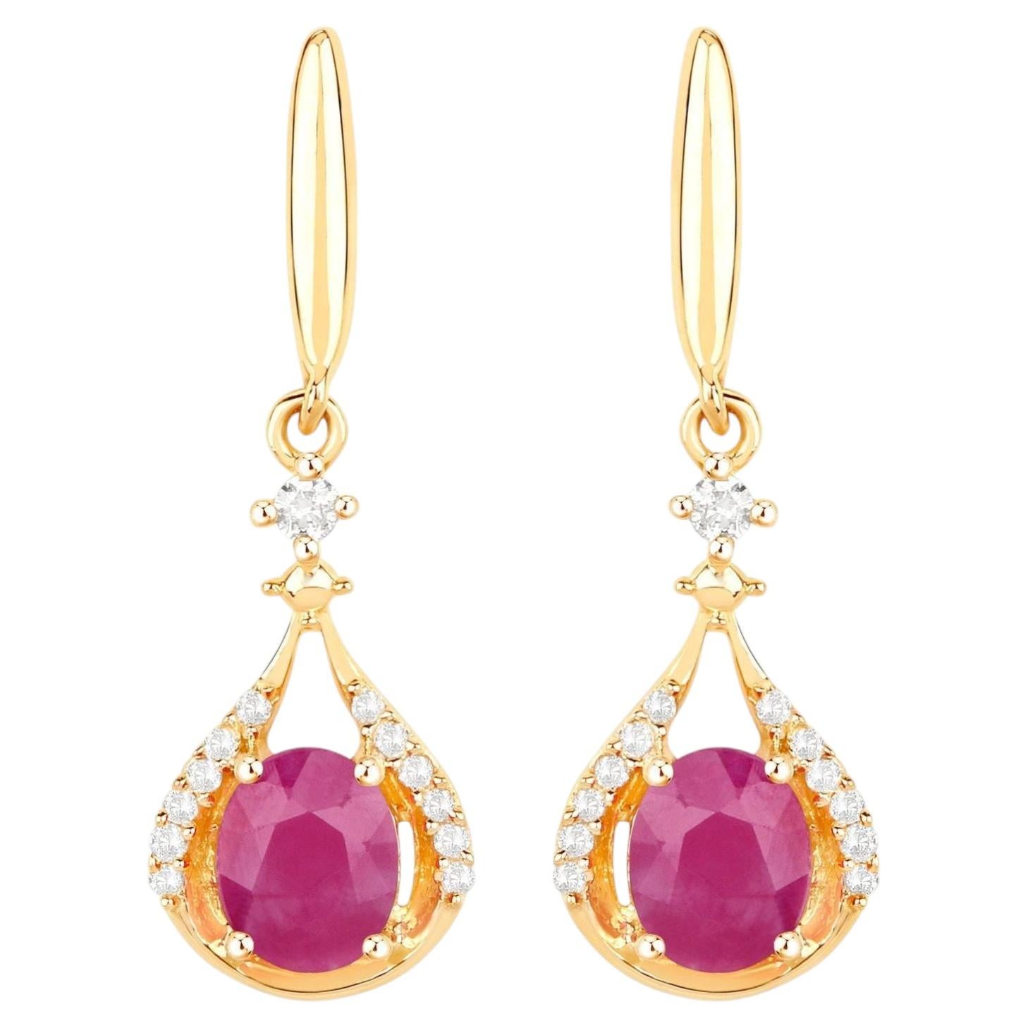 Ruby Dangle Earrings Diamonds 14K Yellow Gold For Sale