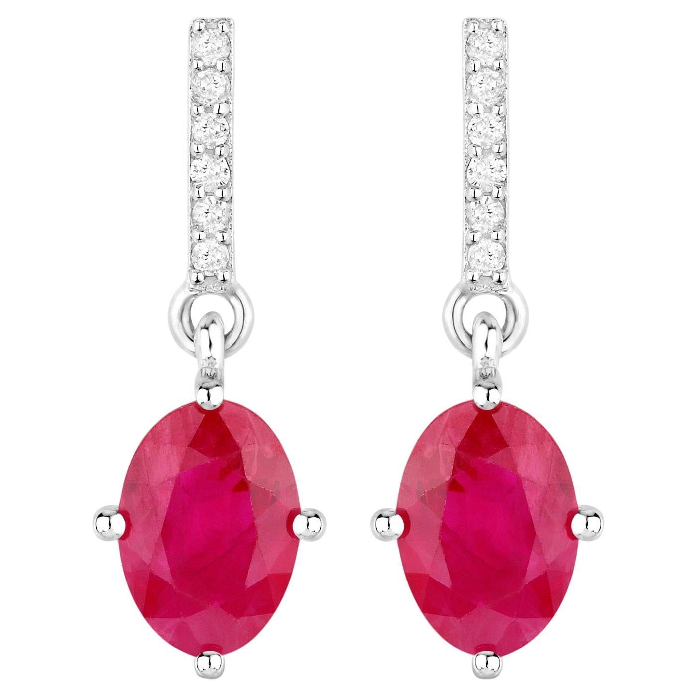 Ruby Dangle Earrings Diamonds 1.7 Carats 14K White Gold en vente