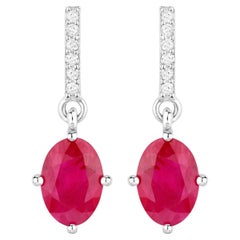 Ruby Dangle Earrings Diamonds 1.7 Carats 14K White Gold