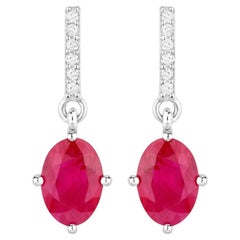 Ruby Dangle Earrings Diamonds 1.7 Carats 14K White Gold