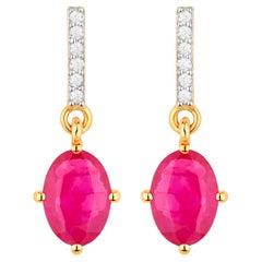 Ruby Dangle Earrings Diamonds 1.7 Carats 14K Yellow Gold