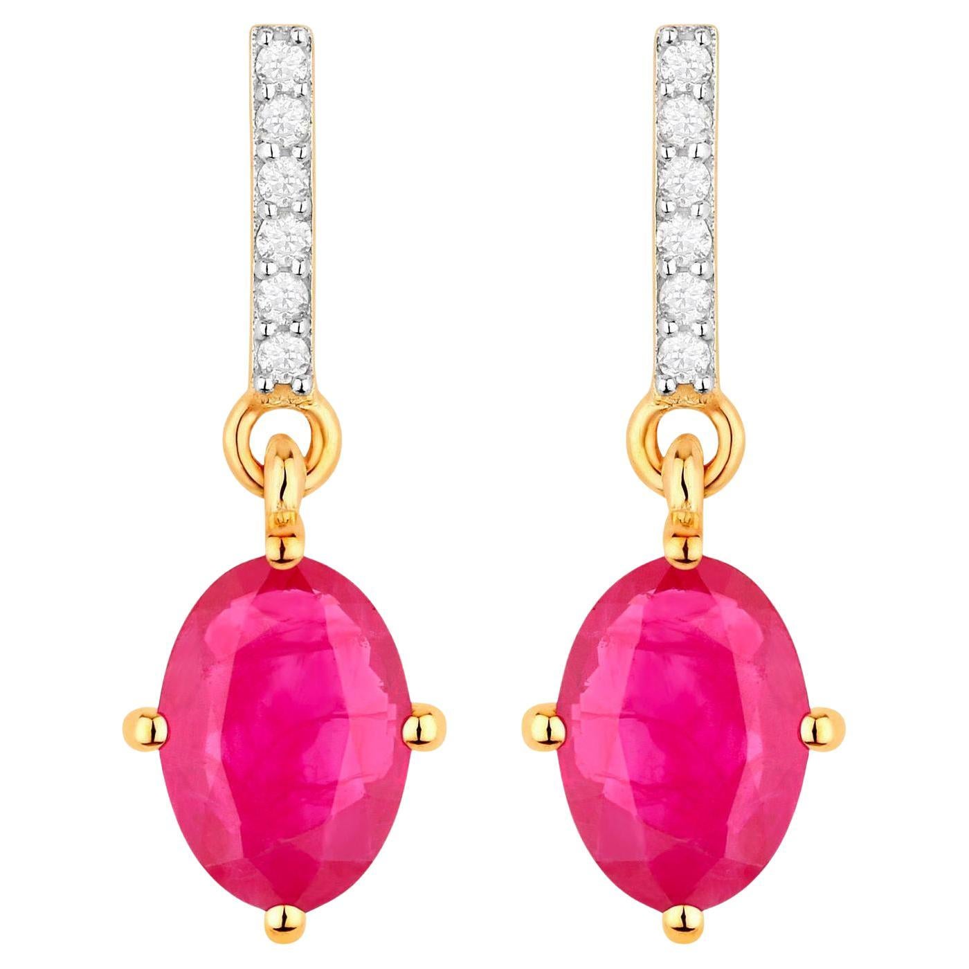 Ruby Dangle Earrings Diamonds 1.7 Carats 14K Yellow Gold For Sale