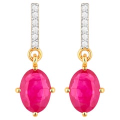 Ruby Dangle Earrings Diamonds 1.7 Carats 14K Yellow Gold