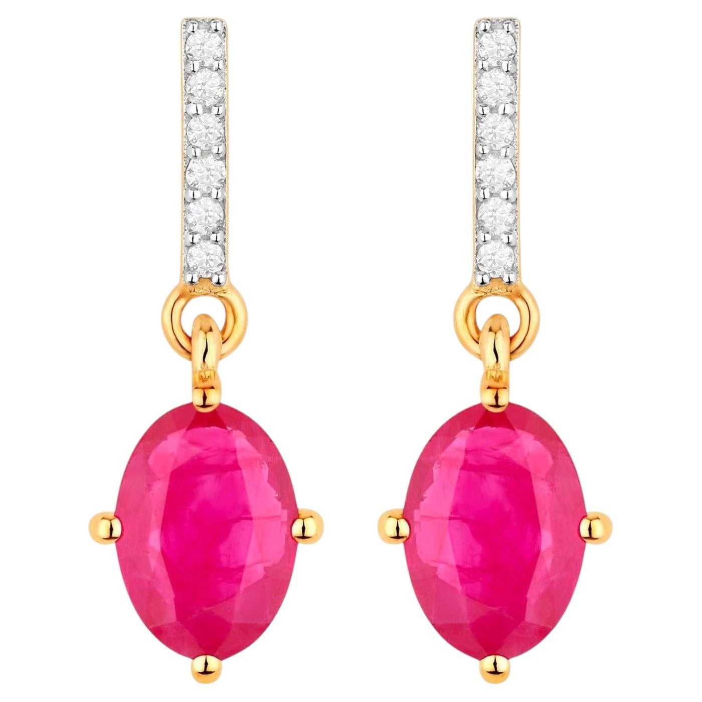 Ruby Dangle Earrings Diamonds 1.7 Carats 14K Yellow Gold For Sale