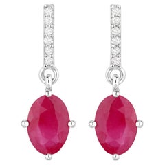 Ruby Dangle Earrings Diamonds 1.74 Carats 10K White Gold