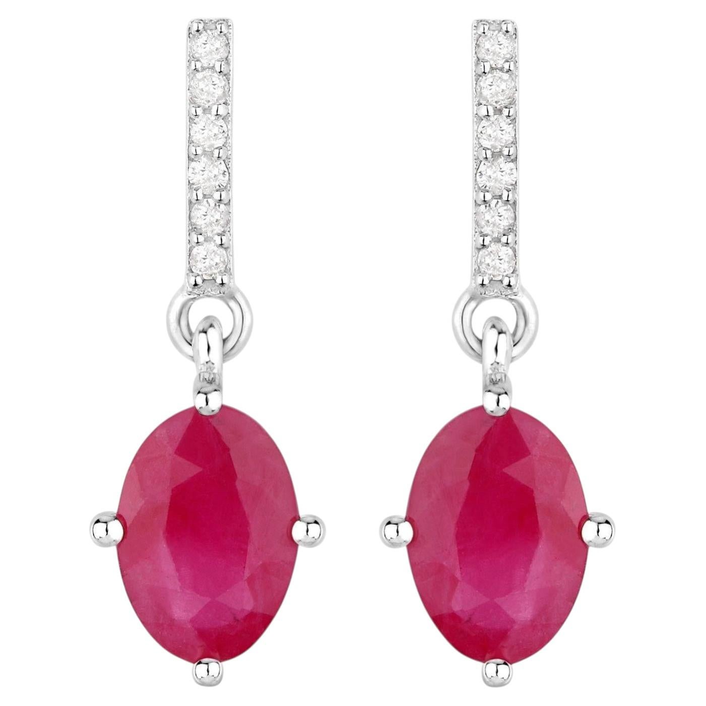 Ruby Dangle Earrings Diamonds 1.74 Carats 10K White Gold