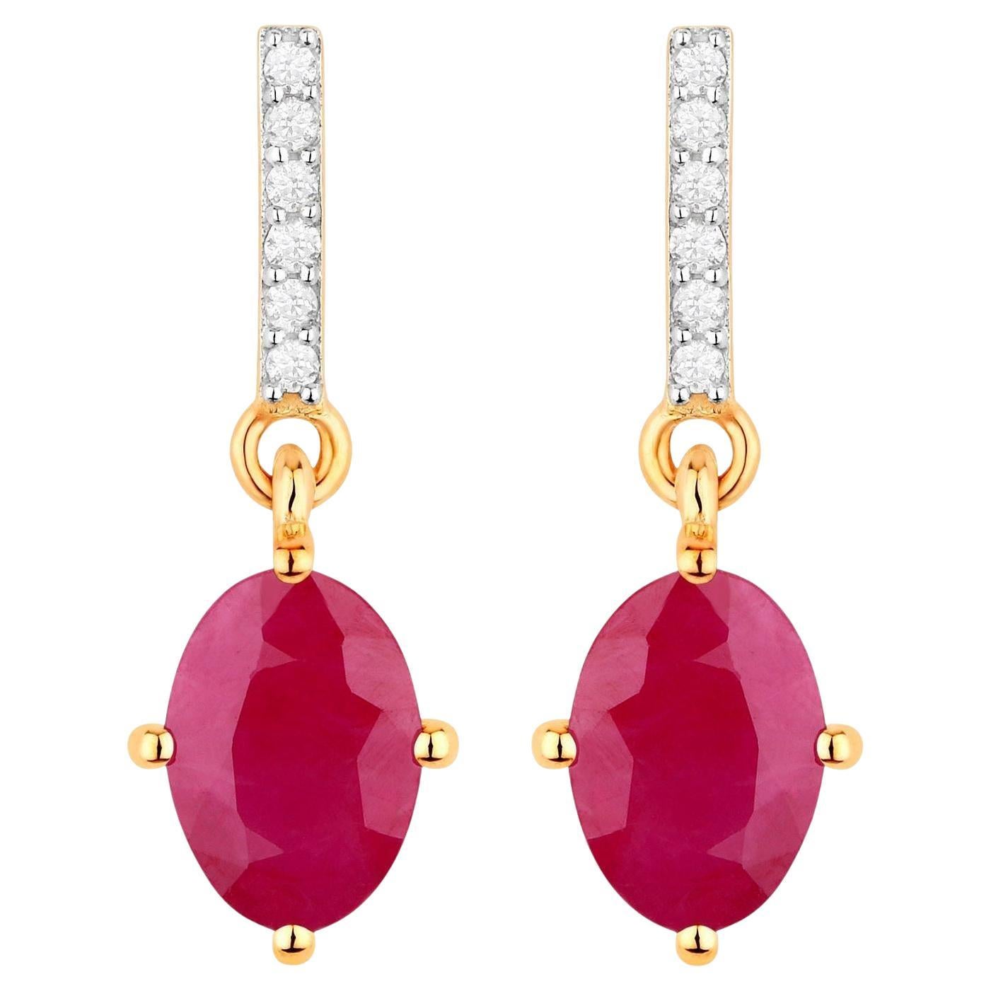 Ruby Dangle Earrings Diamonds 1.74 Carats 10K Yellow Gold For Sale