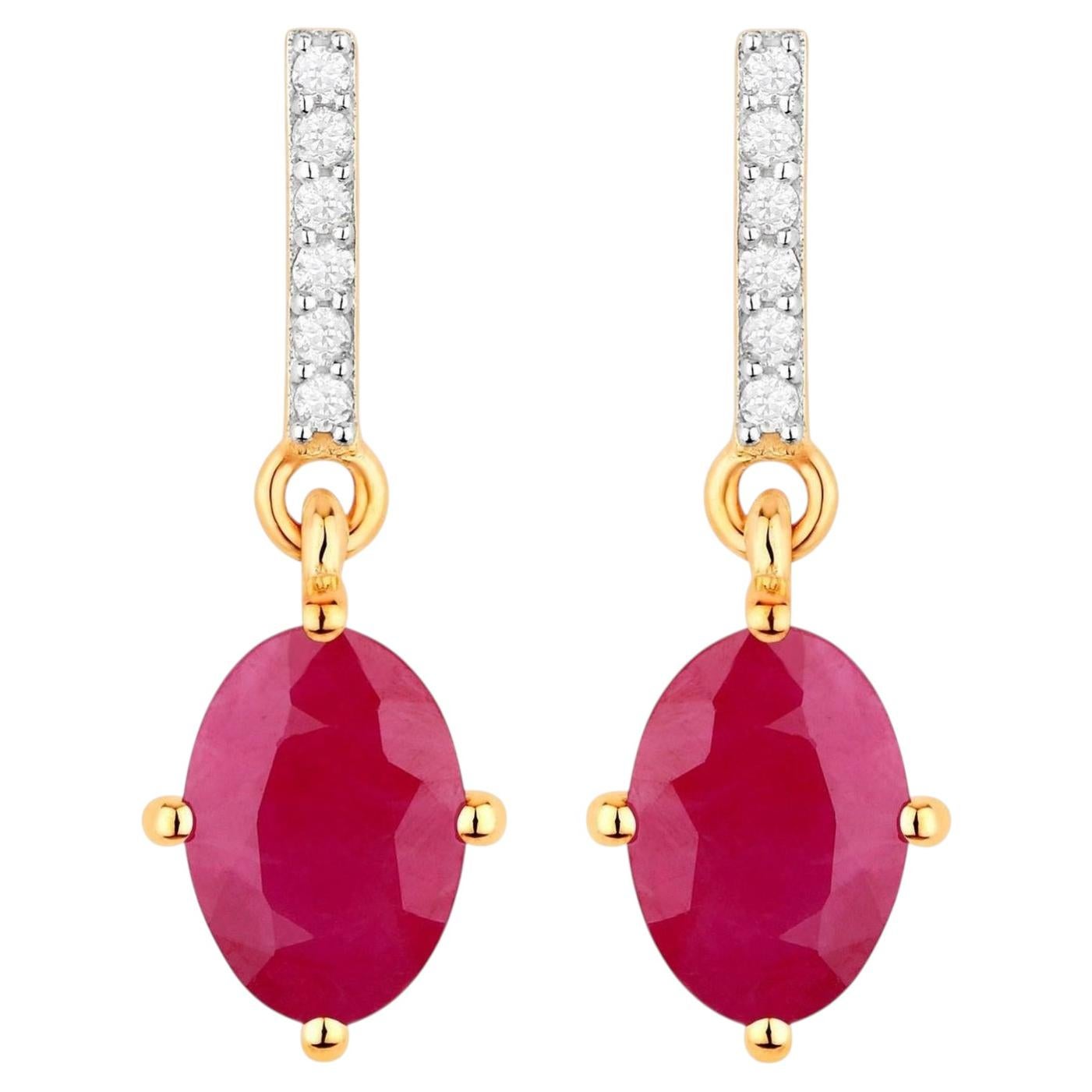 Ruby Dangle Earrings Diamonds 1.74 Carats 10K Yellow Gold For Sale