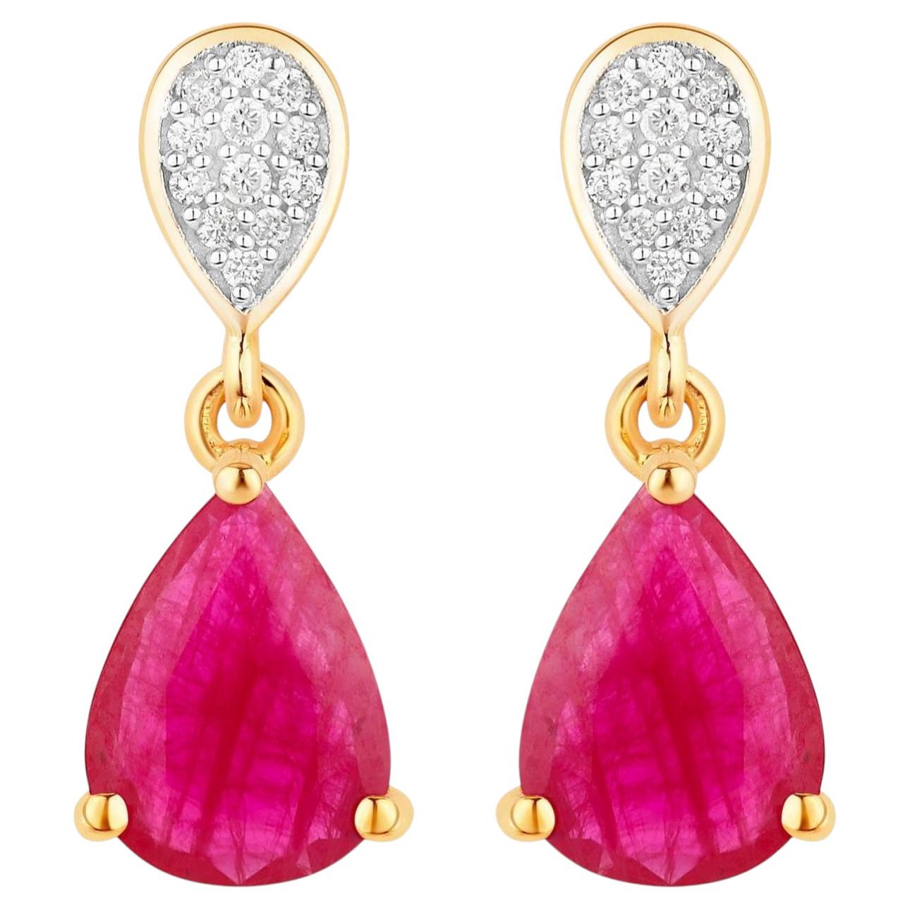 Ruby Dangle Earrings Diamonds 2.45 Carats 10K Yellow Gold