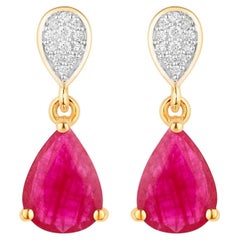 Ruby Dangle Earrings Diamonds 2.45 Carats 10K Yellow Gold