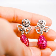 18K White gold invisible Ruby Dangle Earrings