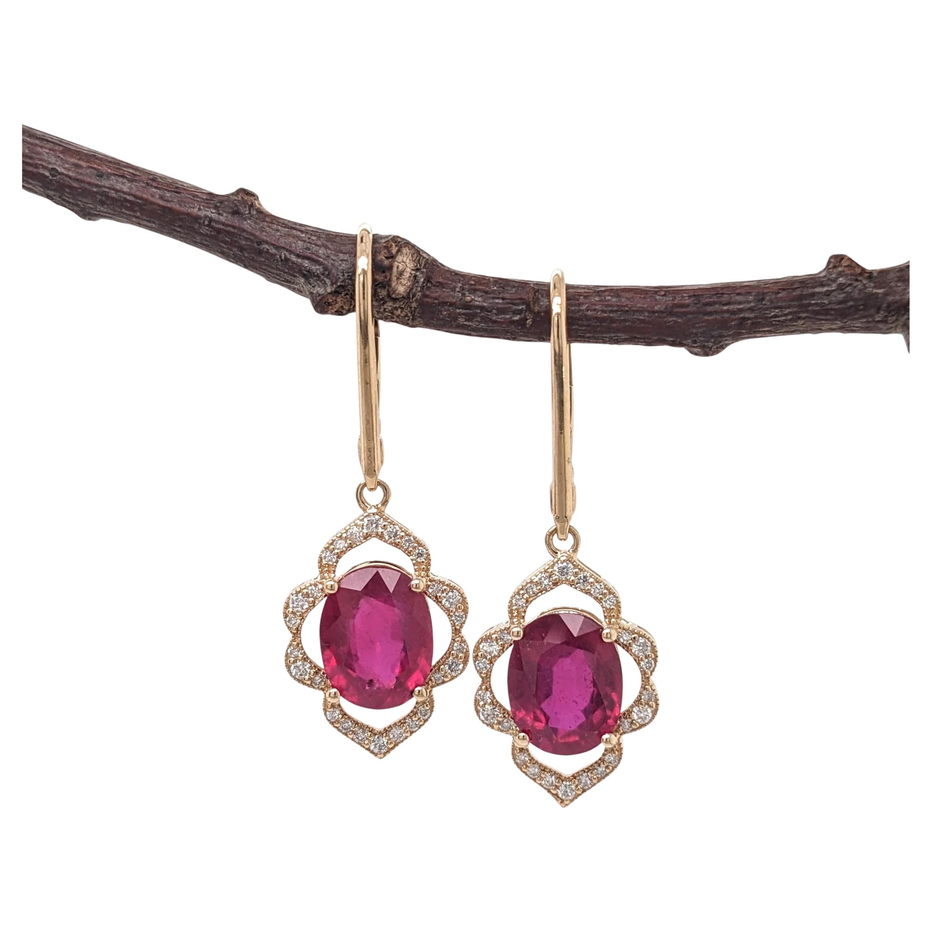 Ruby Dangle Earrings w Earth Mined Diamonds in Solid 14K Yellow Gold Oval 10x8mm