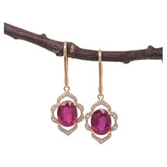 Ruby Dangle Earrings w Earth Mined Diamonds in Solid 14K Yellow Gold Oval 10x8mm