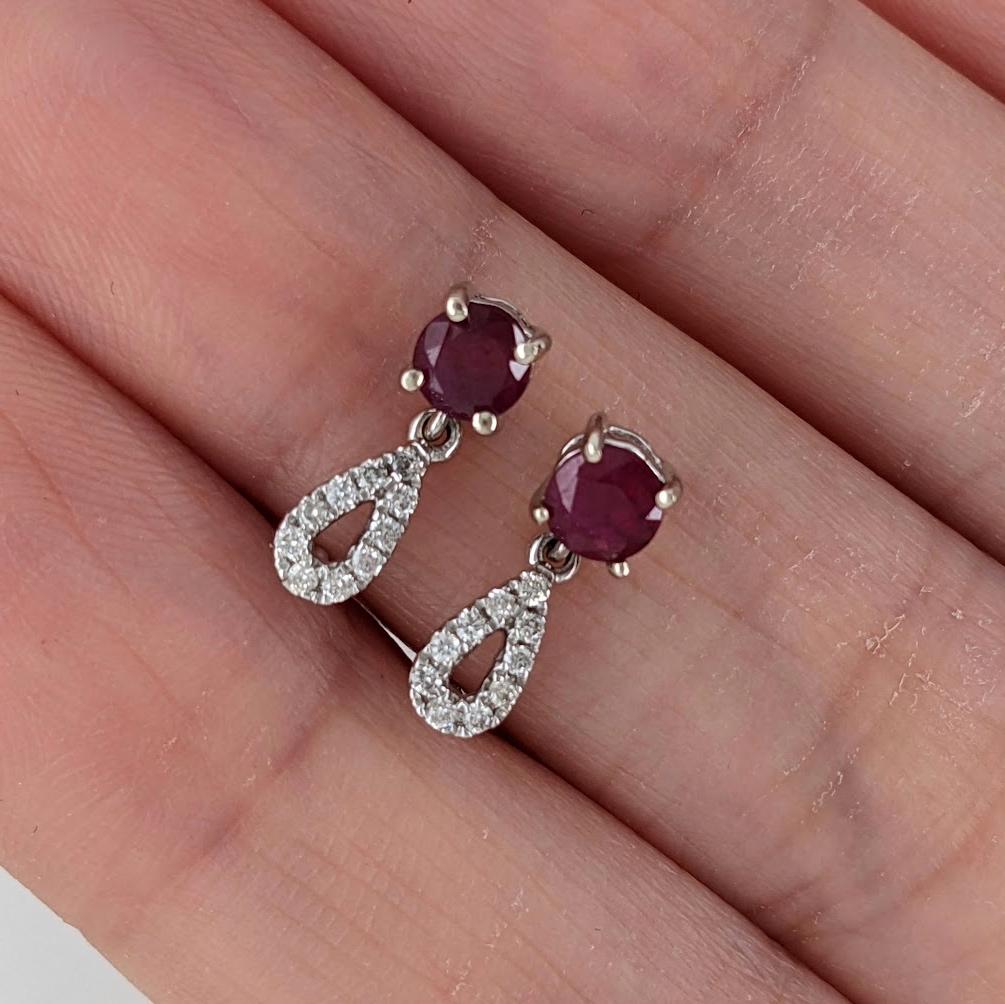 Round Cut Ruby Dangle Earrings w Natural Diamond Accents in Solid 14K White Gold Round 4mm For Sale