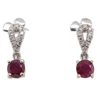 Ruby Dangle Earrings w Natural Diamond Accents in Solid 14K White Gold Round 4mm For Sale