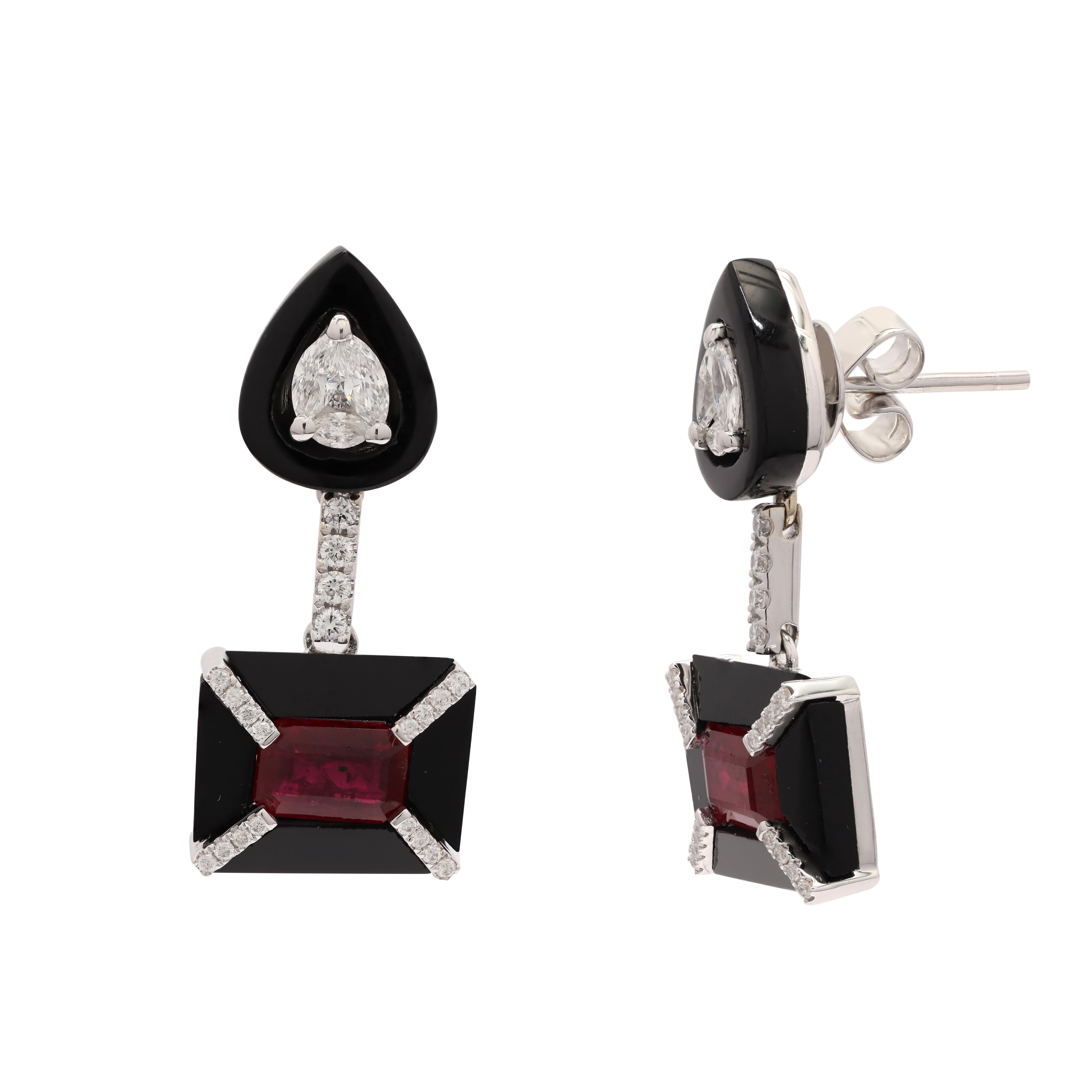 Art Deco Ruby Dangle Earrings with Diamond and Black Enamel in 18K Solid White Gold For Sale