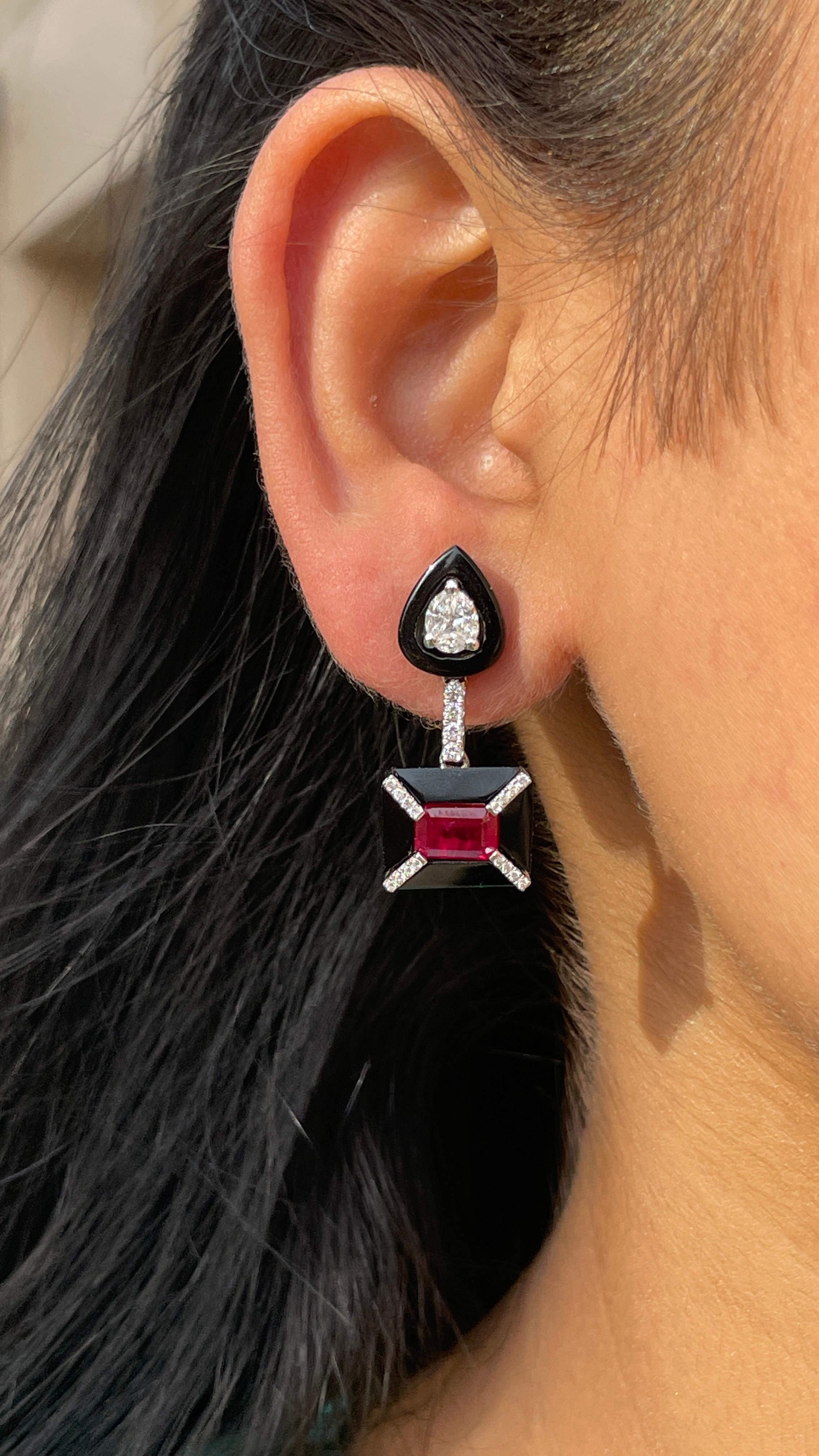 Octagon Cut Ruby Dangle Earrings with Diamond and Black Enamel in 18K Solid White Gold For Sale