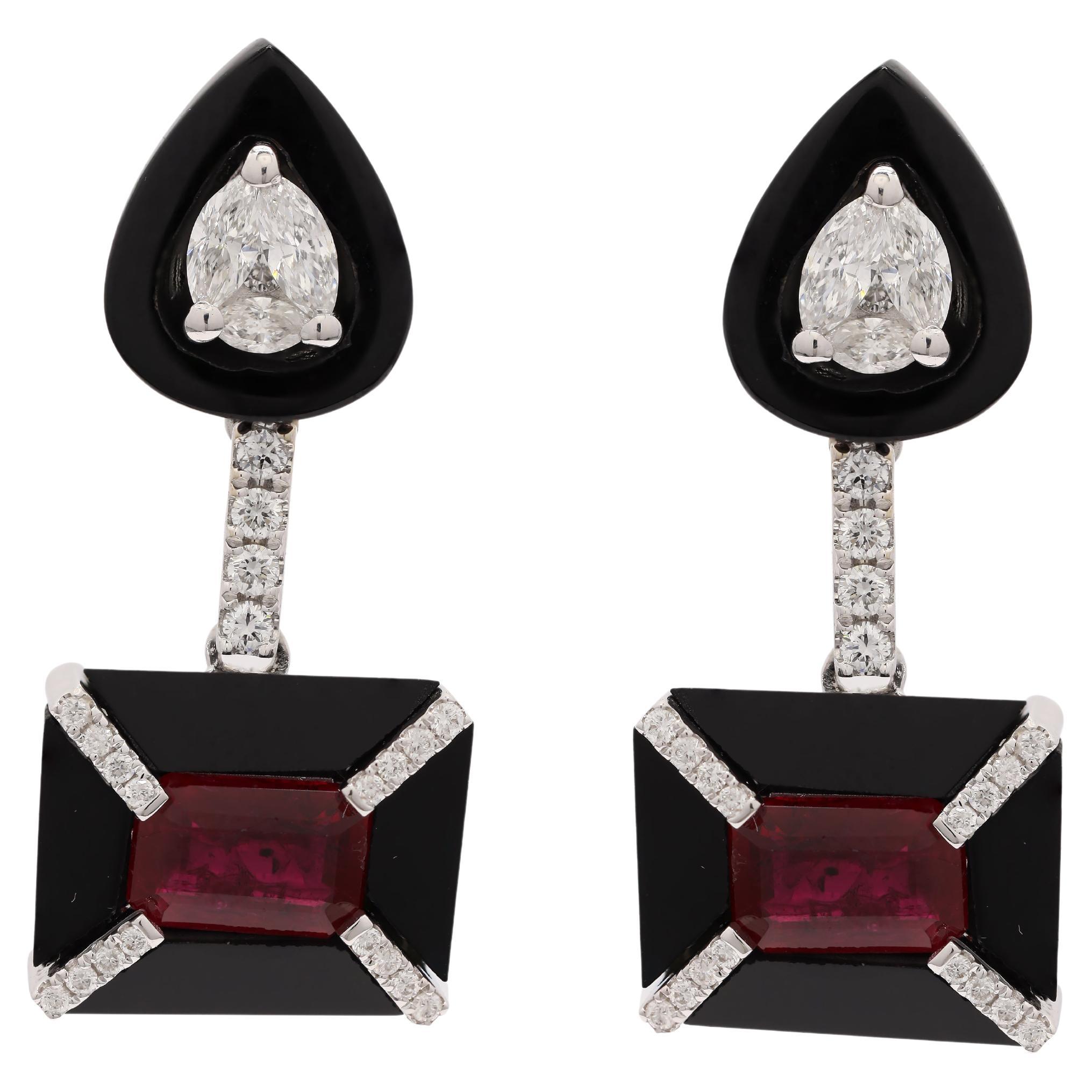 Ruby Dangle Earrings with Diamond and Black Enamel in 18K Solid White Gold