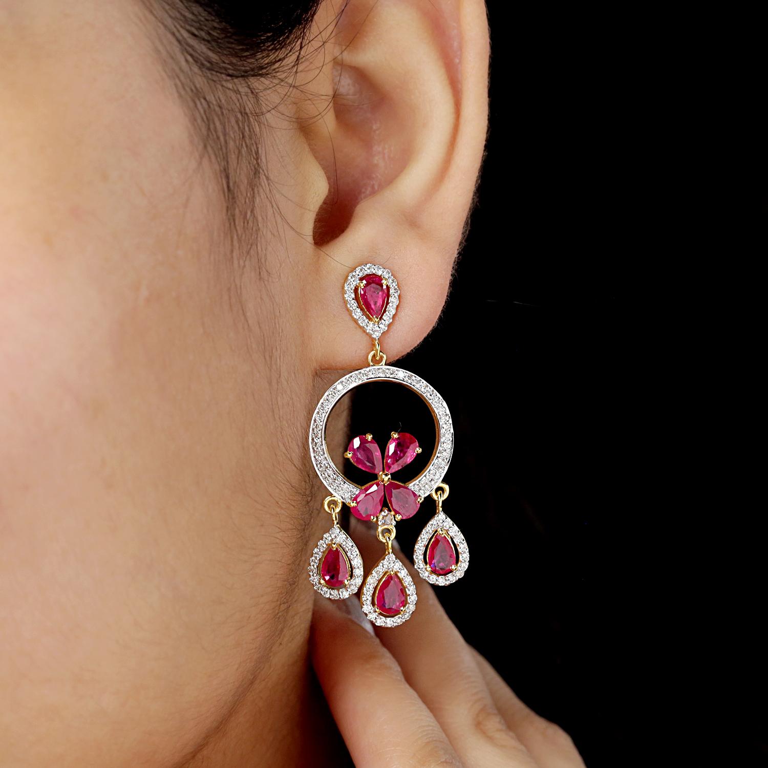 Art Deco Ruby Dangle Earrings with Diamond in 14k Gold For Sale