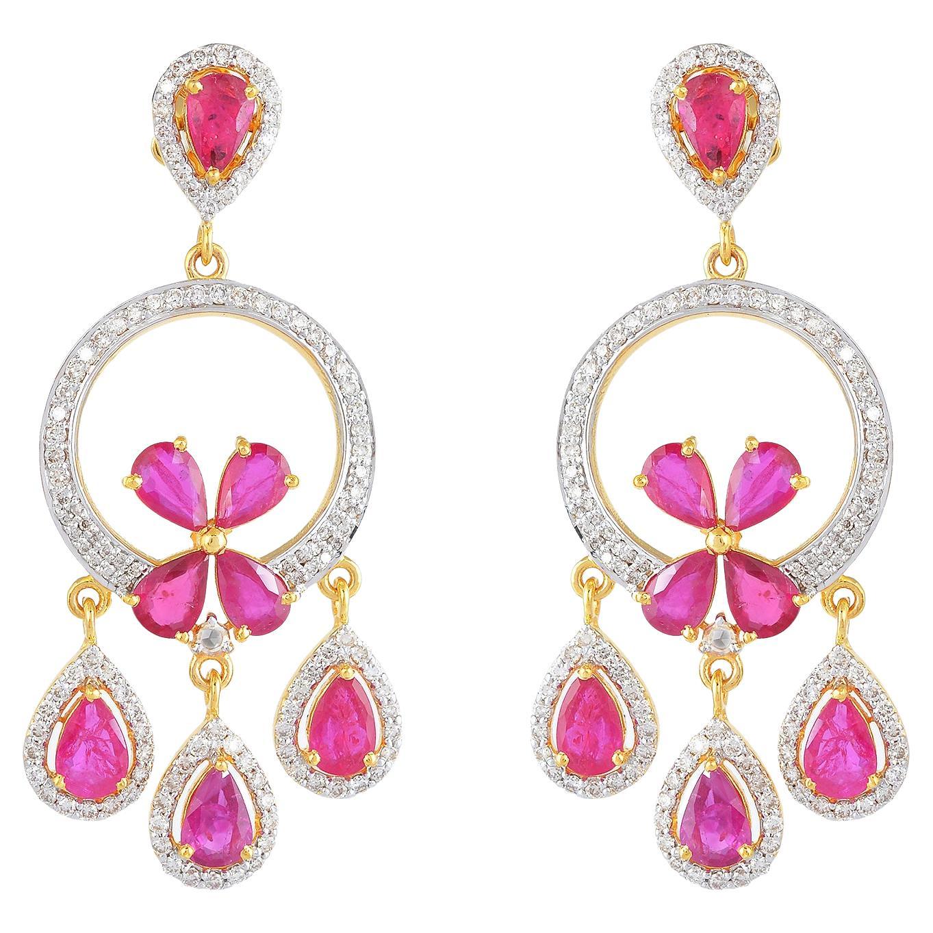 Ruby Dangle Earrings with Diamond in 14k Gold For Sale
