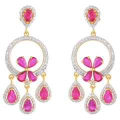 Ruby Dangle Earrings with Diamond in 14k Gold