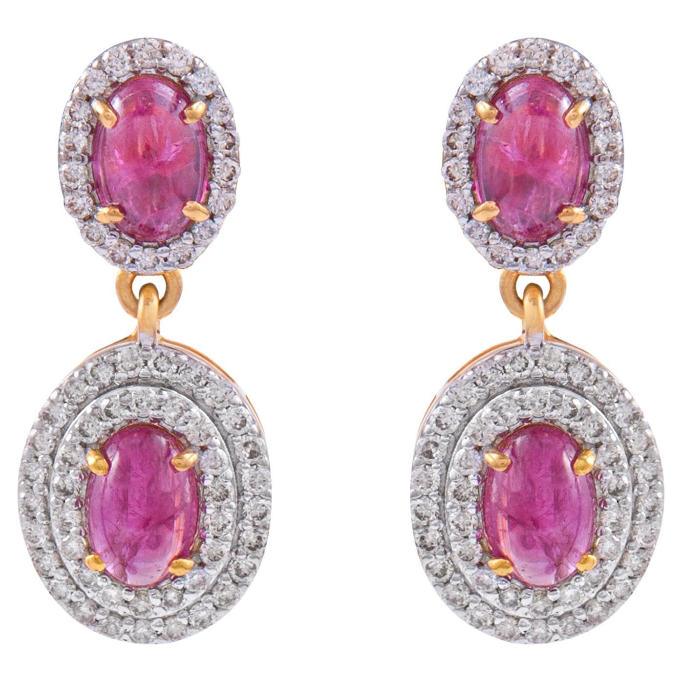 Ruby Dangle Earrings with Diamond in 14k Gold