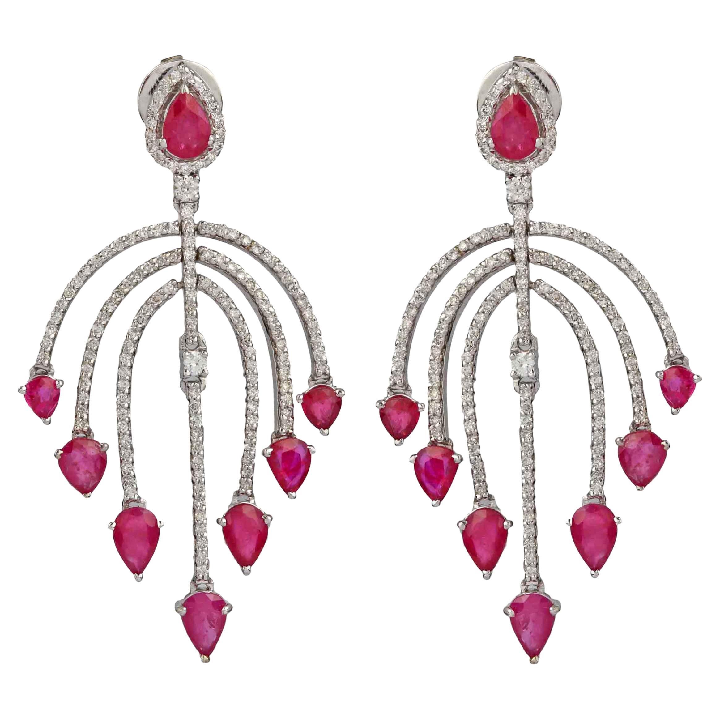 Ruby Dangle Earrings with Diamond in 18k Gold For Sale