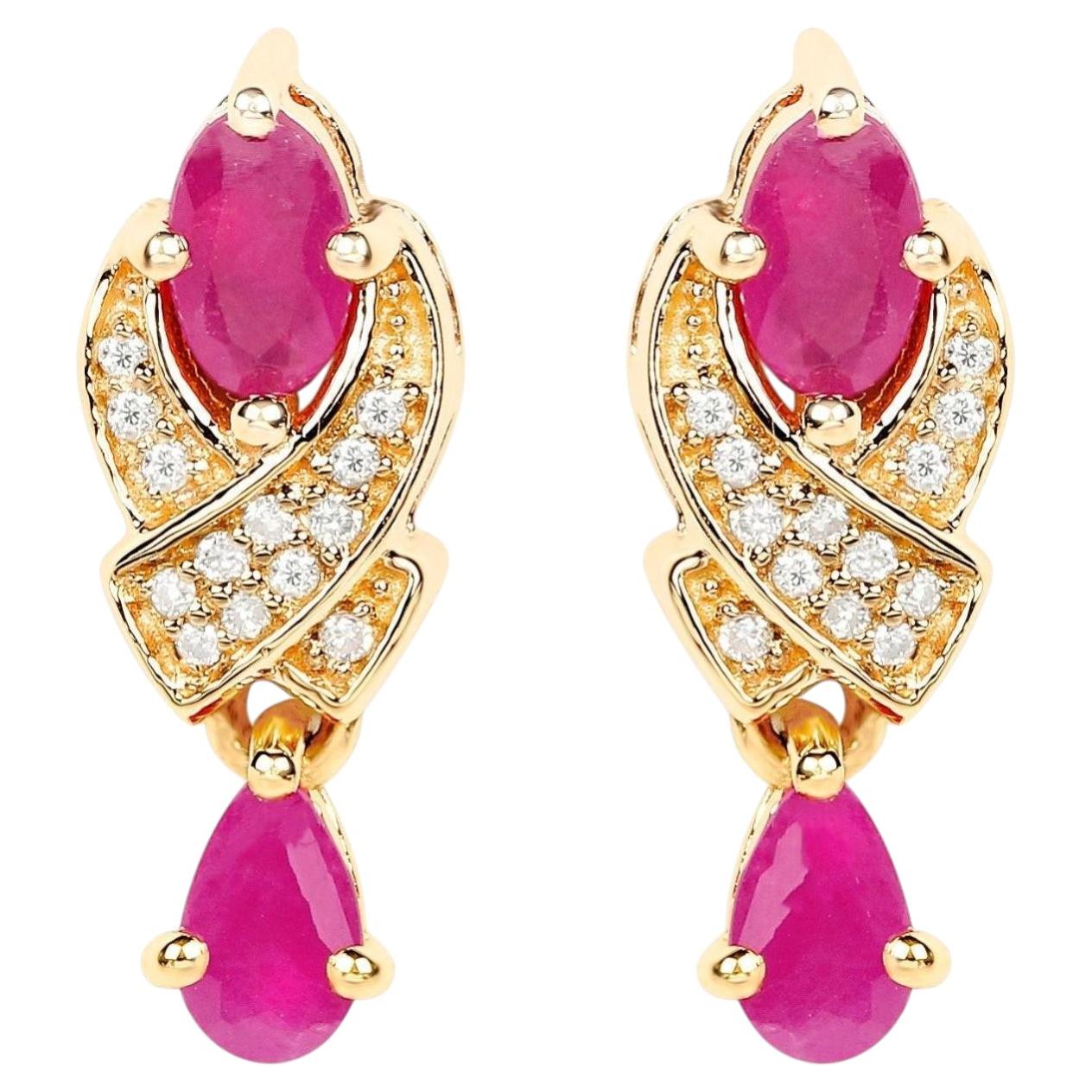 Ruby Dangle Earrings With Diamonds 1.06 Carats 14K Yellow Gold