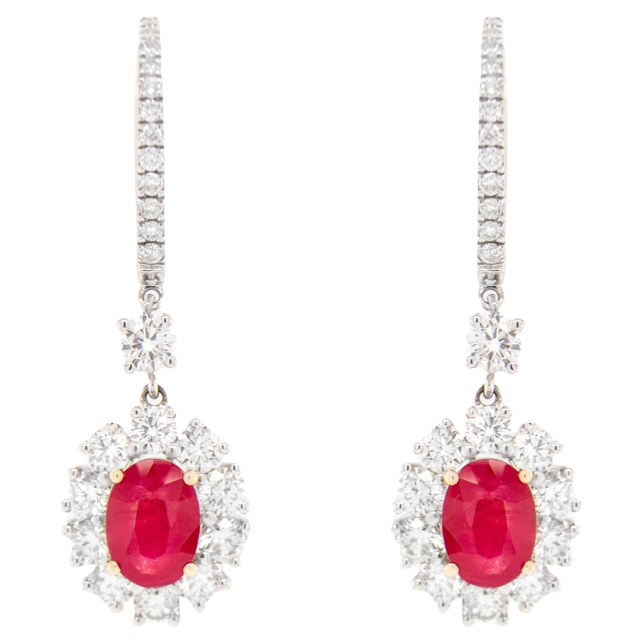 Ruby Dangle Earrings With Diamonds 4.17 Carats 18K Gold For Sale
