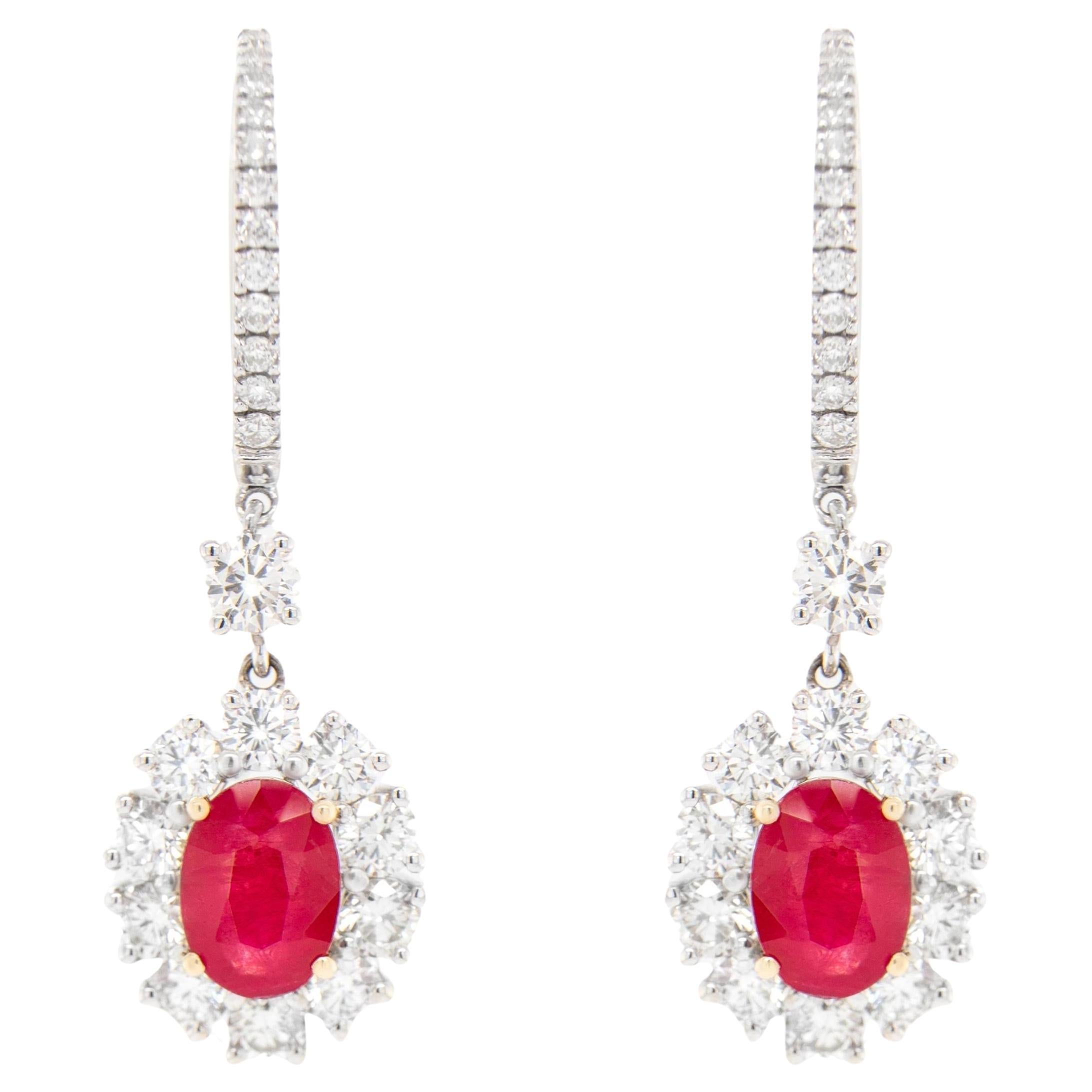 Ruby Dangle Earrings With Diamonds 4.17 Carats 18K Gold For Sale