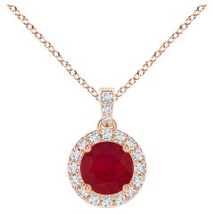 Ruby Dangle Pendant Necklace with Diamond Halo in 14K Solid Gold