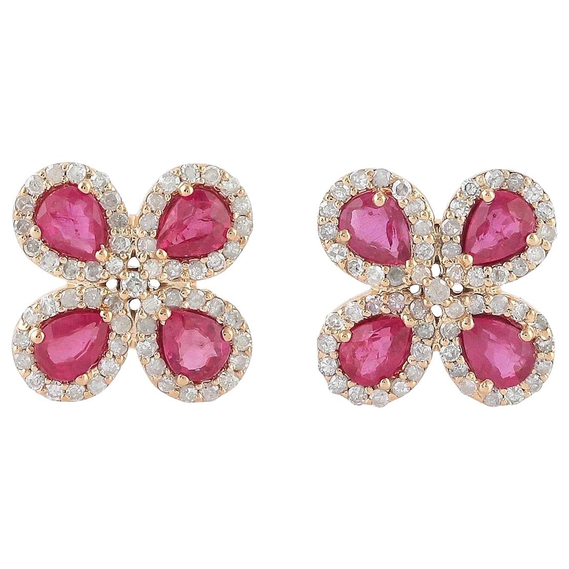 Ruby Diamond 14 Karat Gold Flower Stud Earrings For Sale
