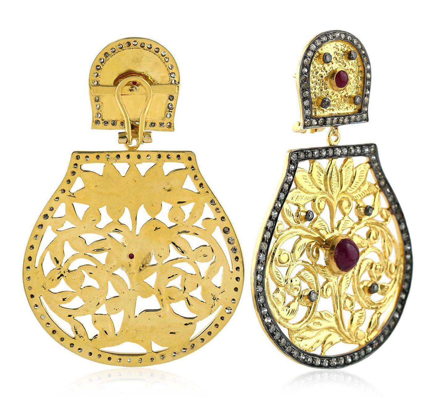 Artisan Ruby Diamond 14 Karat Gold Lotus Earrings For Sale