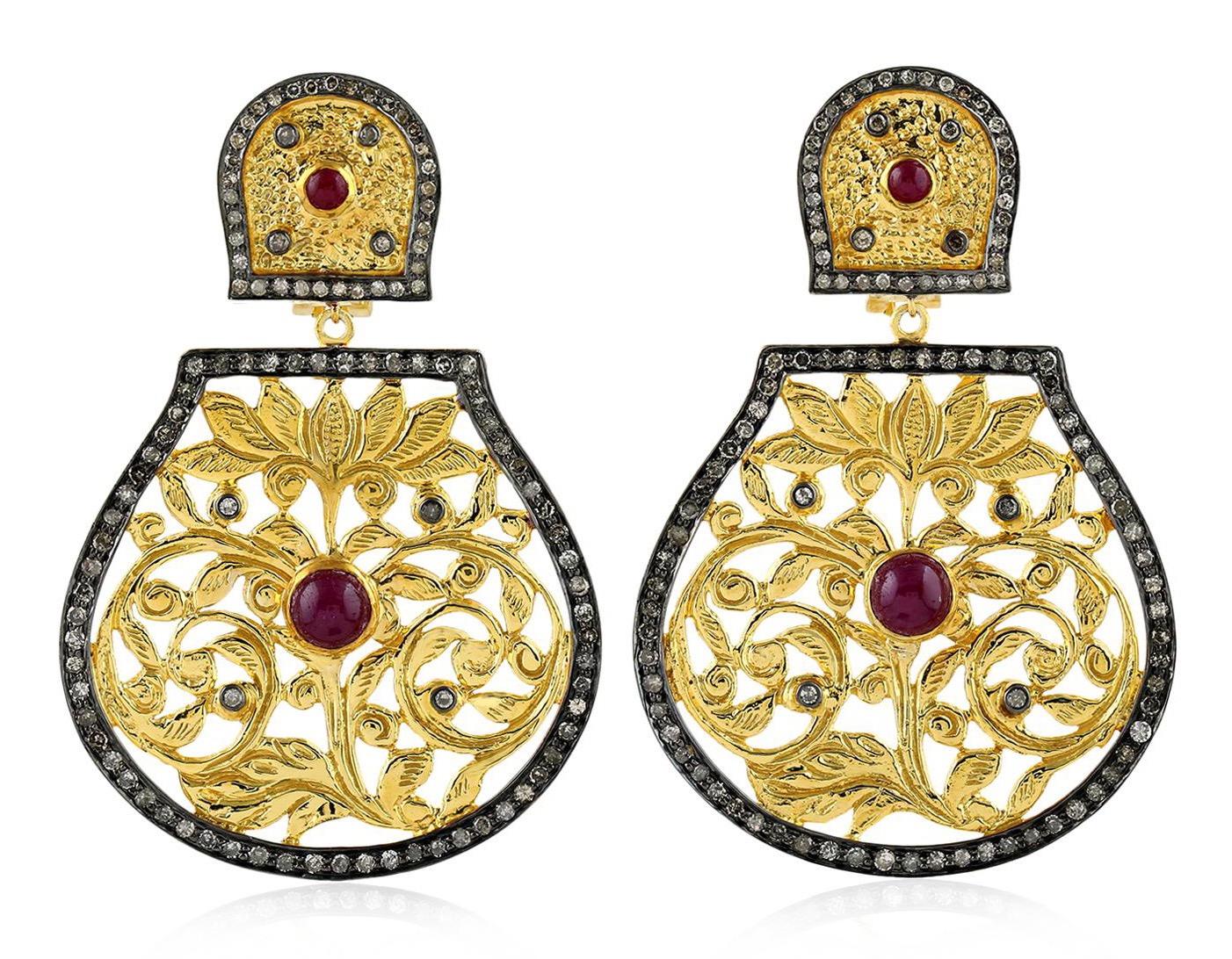 Mixed Cut Ruby Diamond 14 Karat Gold Lotus Earrings For Sale