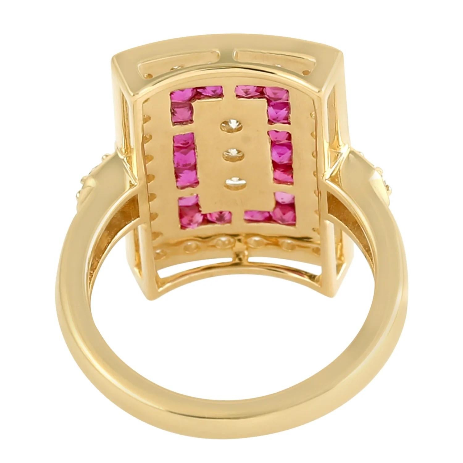 Artisan Ruby Diamond 14 Karat Gold Rectangle Ring For Sale