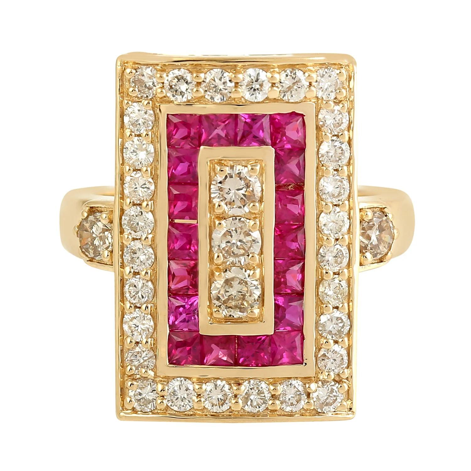 Mixed Cut Ruby Diamond 14 Karat Gold Rectangle Ring For Sale