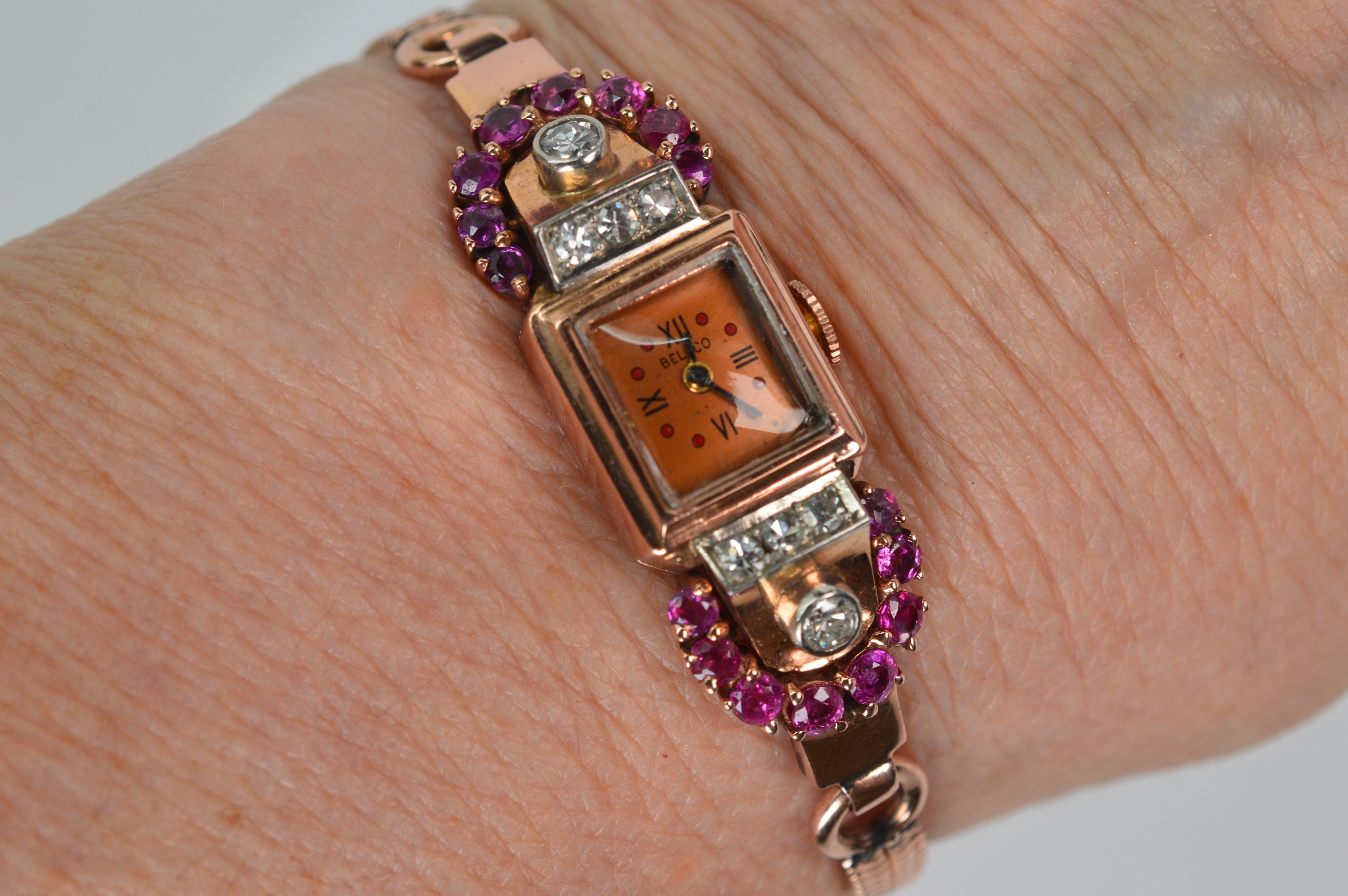 Montre-bracelet art déco en or rose 14 carats avec rubis et diamants en vente 6