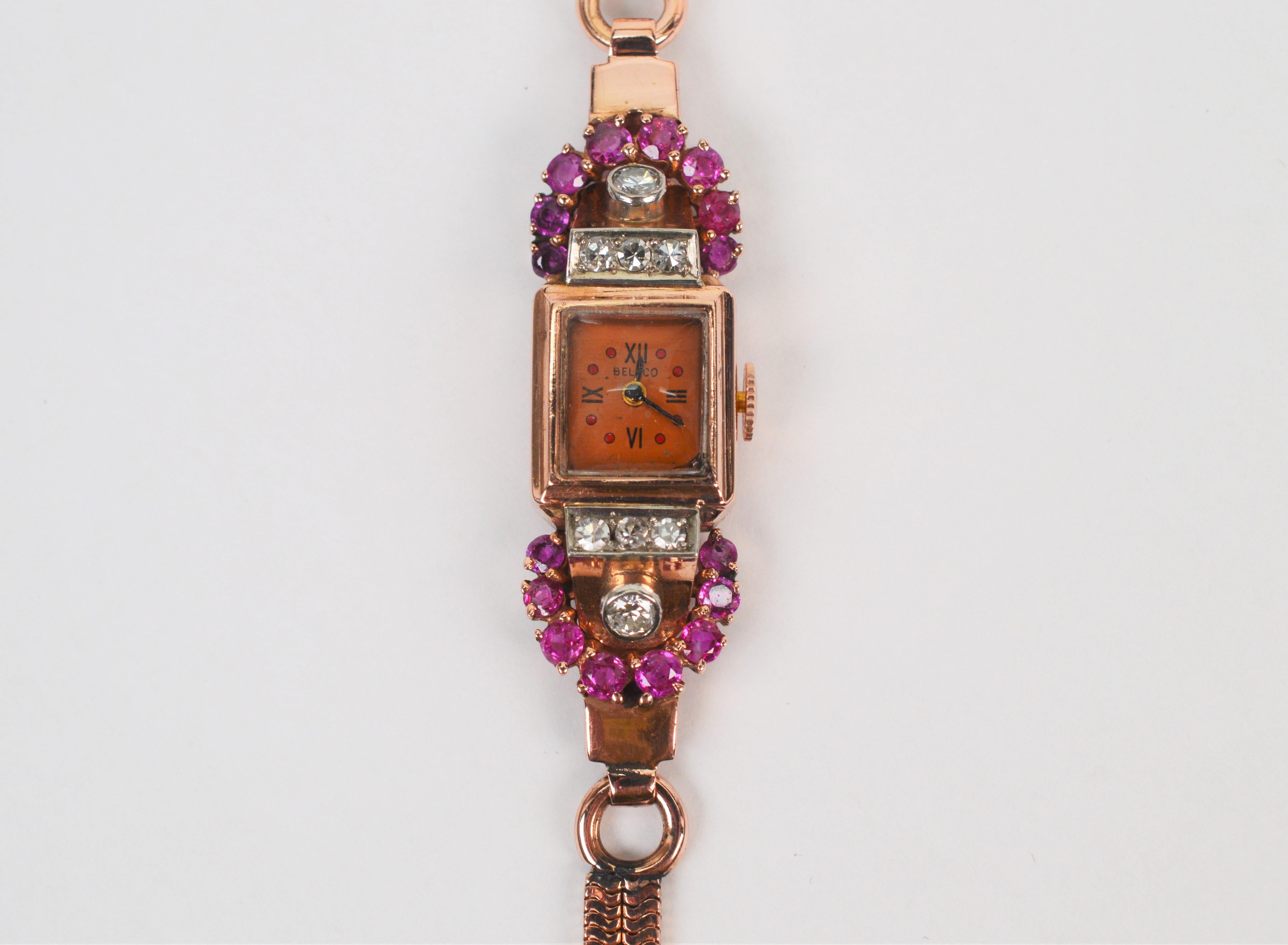 Montre-bracelet art déco en or rose 14 carats avec rubis et diamants en vente 7